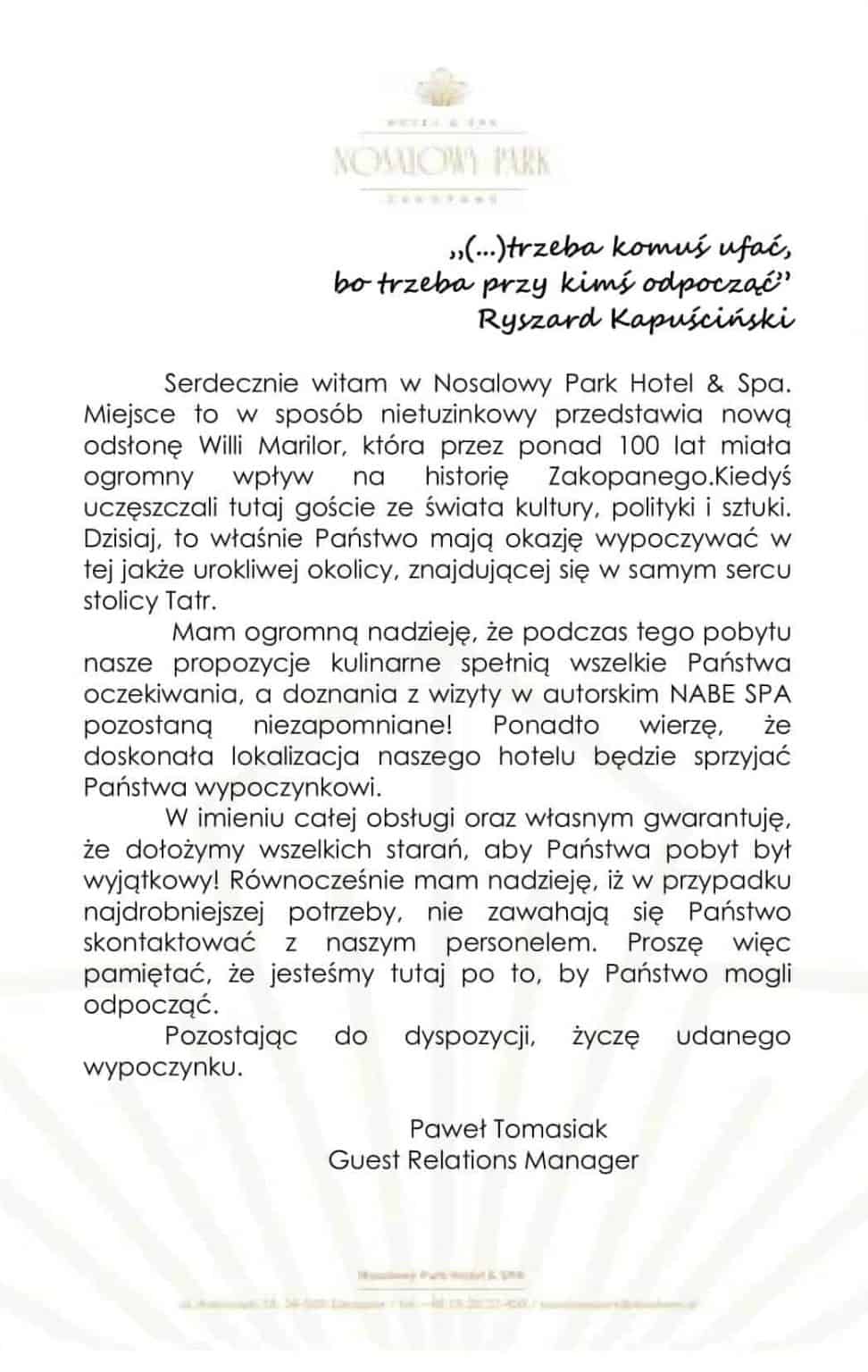 List Powitalny W Hotelu Dla Gościa Vip List powitalny w hotelu. Stwórz i zaprojektuj doświadczenia Gości