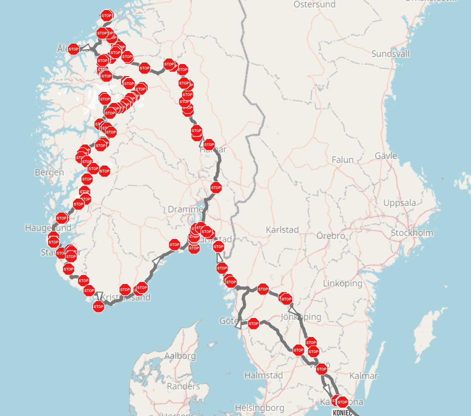 Przykładowa trasa kamperem po Norwegii odbyta w czerwcu 2024